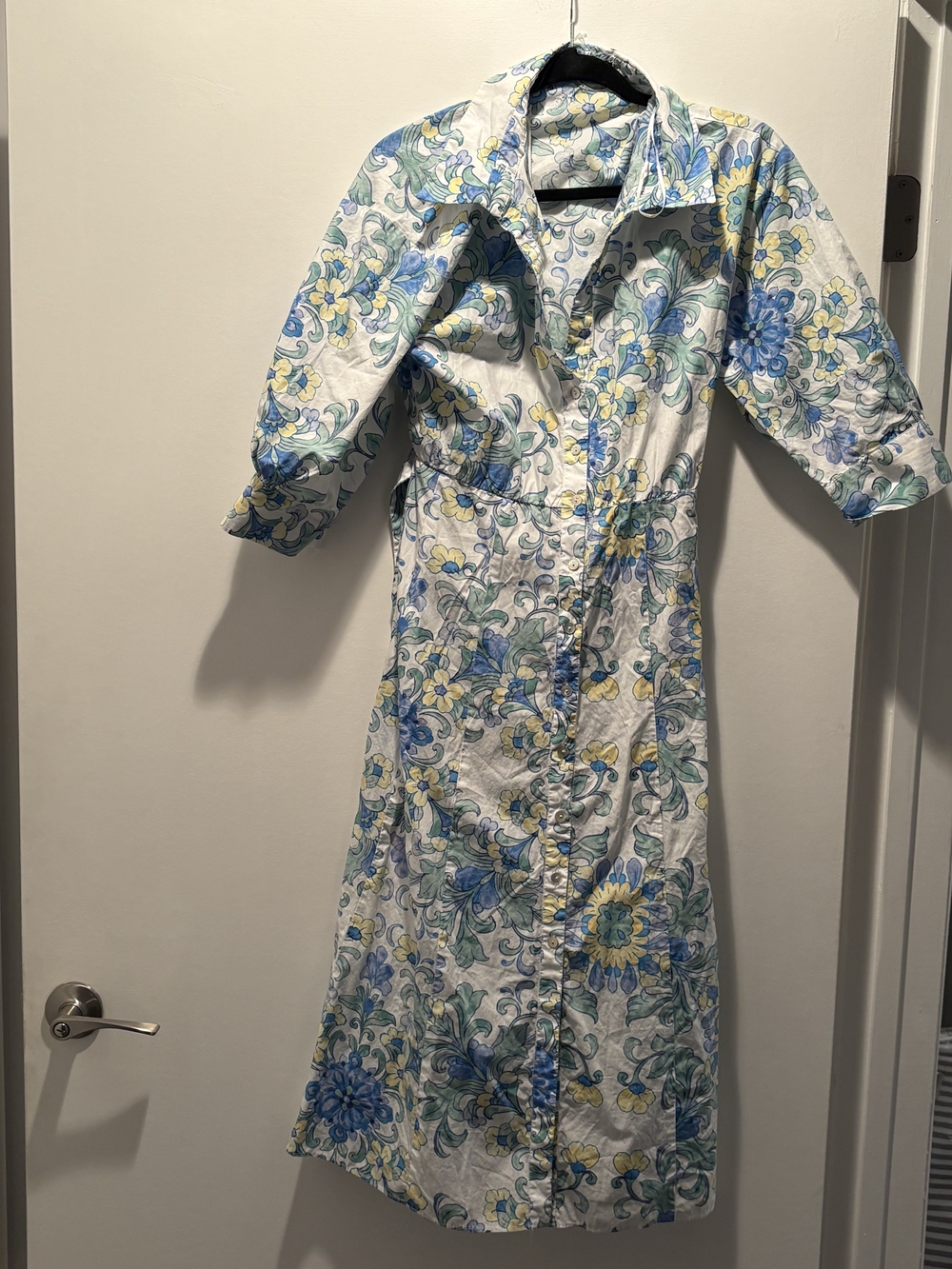 Zara Floral Midi Shirt Dress in Blue & Yellow